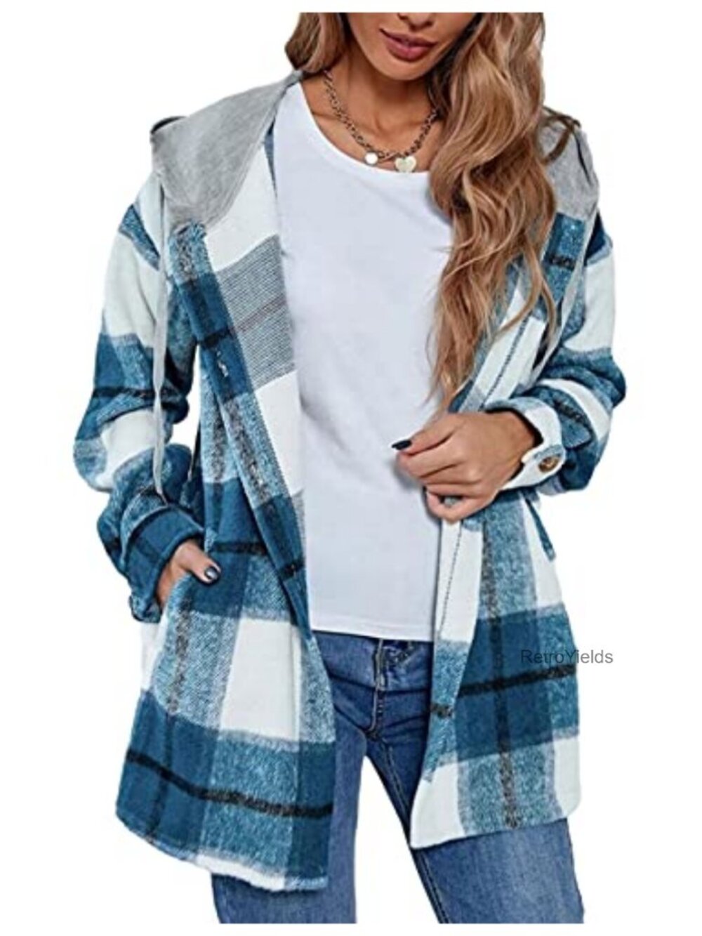 Hooded Plaid Flannel Shacket Oversized Button Down Jacket